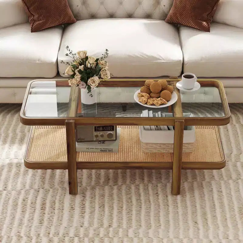 Mesa de centro rústica de 2 niveles con almacenamiento, tablero de cristal templado, estante de ratán PE, marrón y natural/marrón/negro