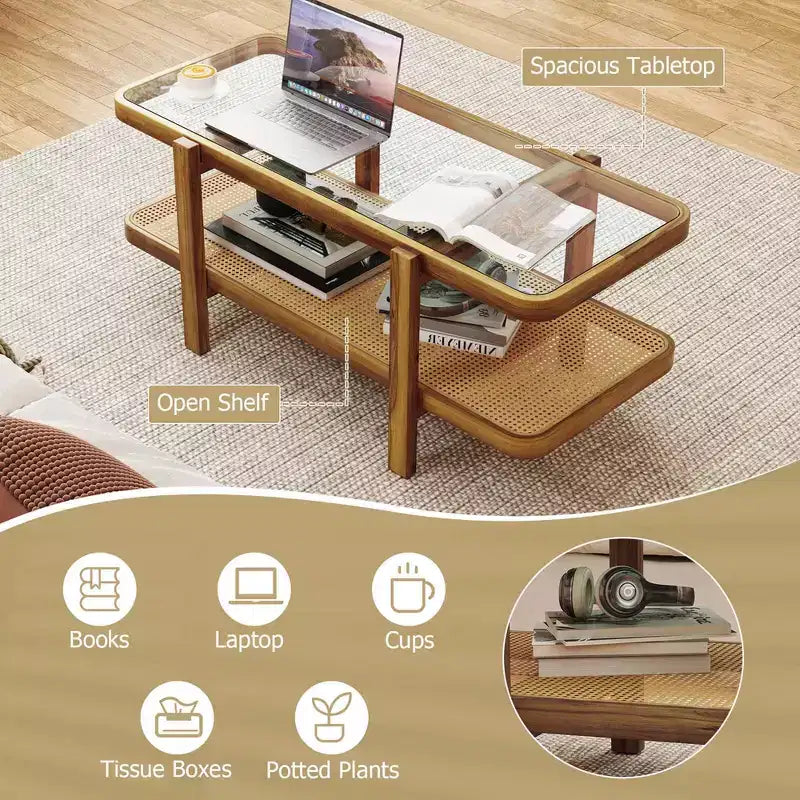 Mesa de centro rústica de 2 niveles con almacenamiento, tablero de cristal templado, estante de ratán PE, marrón y natural/marrón/negro