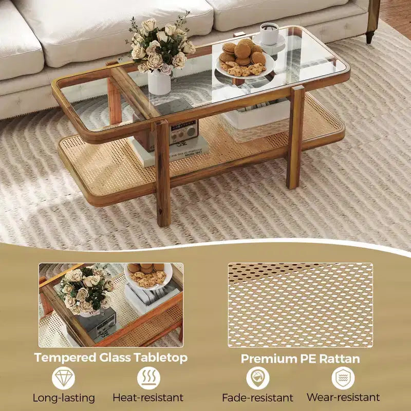 Mesa de centro rústica de 2 niveles con almacenamiento, tablero de cristal templado, estante de ratán PE, marrón y natural/marrón/negro
