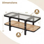 Mesa de centro rústica de 2 niveles con almacenamiento, tablero de cristal templado, estante de ratán PE, marrón y natural/marrón/negro