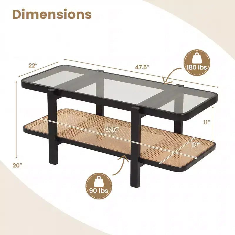 2-Tier Rustic Coffee Table with Storage Tempered Glass Tabletop PE Rattan Shelf Brown & Natural/Brown/Black