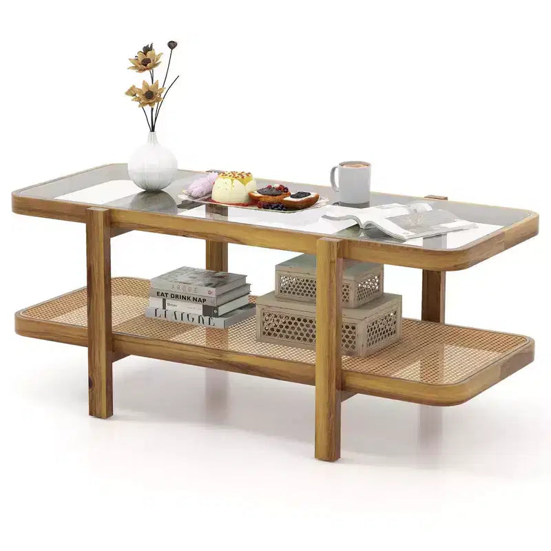 Mesa de centro rústica de 2 niveles con almacenamiento, tablero de cristal templado, estante de ratán PE, marrón y natural/marrón/negro