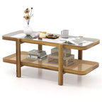 Mesa de centro rústica de 2 niveles con almacenamiento, tablero de cristal templado, estante de ratán PE, marrón y natural/marrón/negro