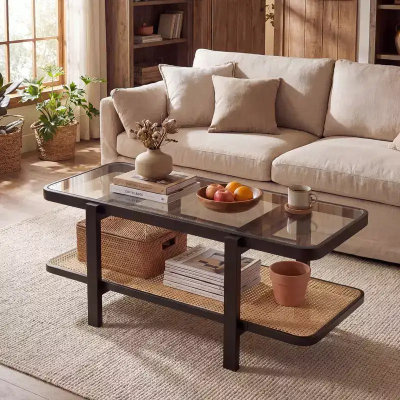 2-Tier Rustic Coffee Table with Storage Tempered Glass Tabletop PE Rattan Shelf Brown & Natural/Brown/Black