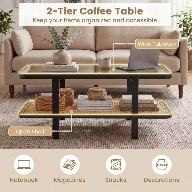 2-Tier Rustic Coffee Table with Storage Tempered Glass Tabletop PE Rattan Shelf Brown & Natural/Brown/Black