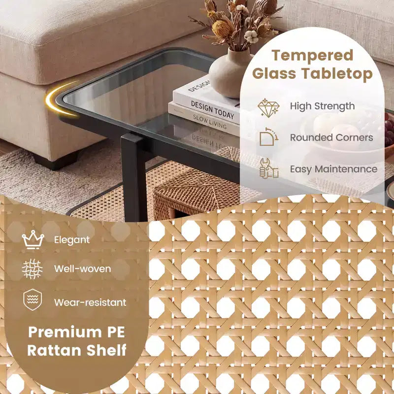 Mesa de centro rústica de 2 niveles con almacenamiento, tablero de cristal templado, estante de ratán PE, marrón y natural/marrón/negro