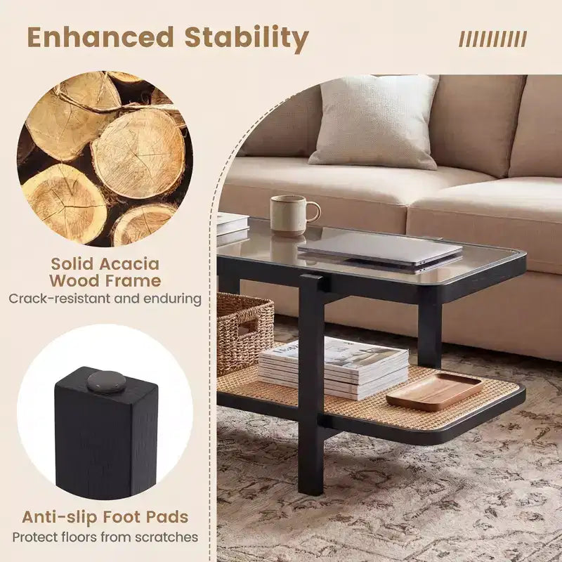 Mesa de centro rústica de 2 niveles con almacenamiento, tablero de cristal templado, estante de ratán PE, marrón y natural/marrón/negro