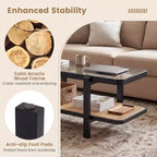 Mesa de centro rústica de 2 niveles con almacenamiento, tablero de cristal templado, estante de ratán PE, marrón y natural/marrón/negro