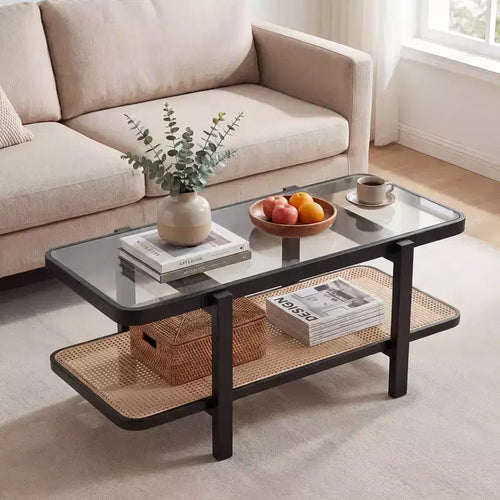 Costway 2-Tier Rustic Coffee Table with Storage Tempered Glass Tabletop PE Rattan Shelf Brown & Natural/Brown/Black