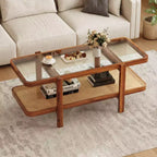 Mesa de centro rústica de 2 niveles con almacenamiento, tablero de cristal templado, estante de ratán PE, marrón y natural/marrón/negro