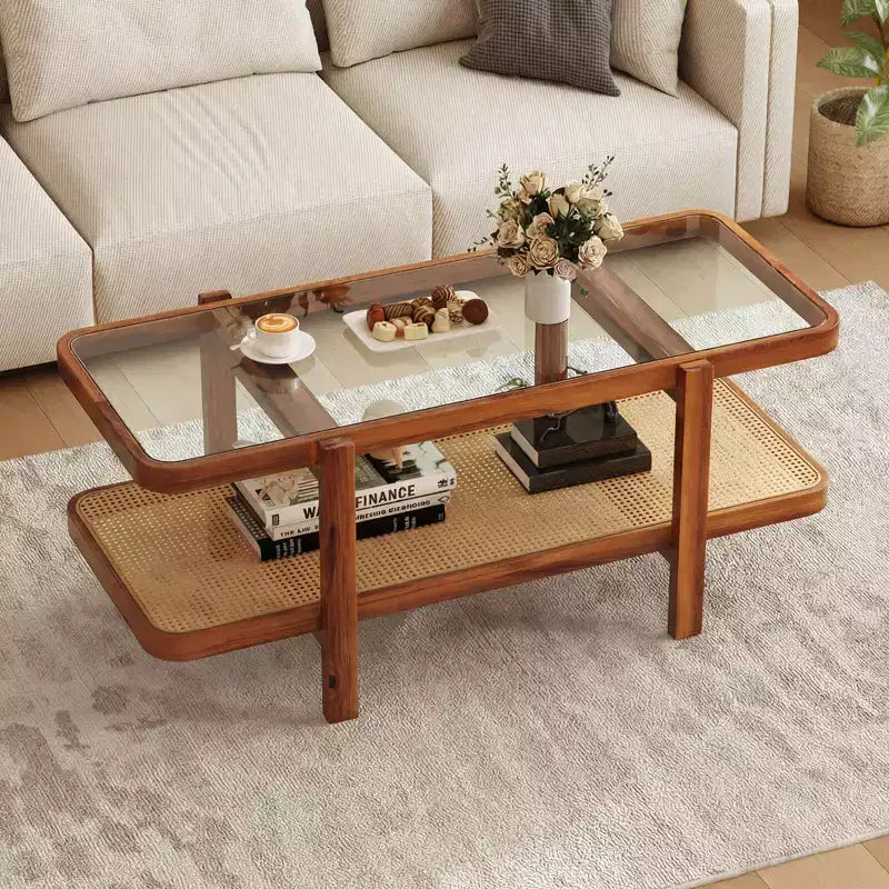 2-Tier Rustic Coffee Table with Storage Tempered Glass Tabletop PE Rattan Shelf Brown & Natural/Brown/Black