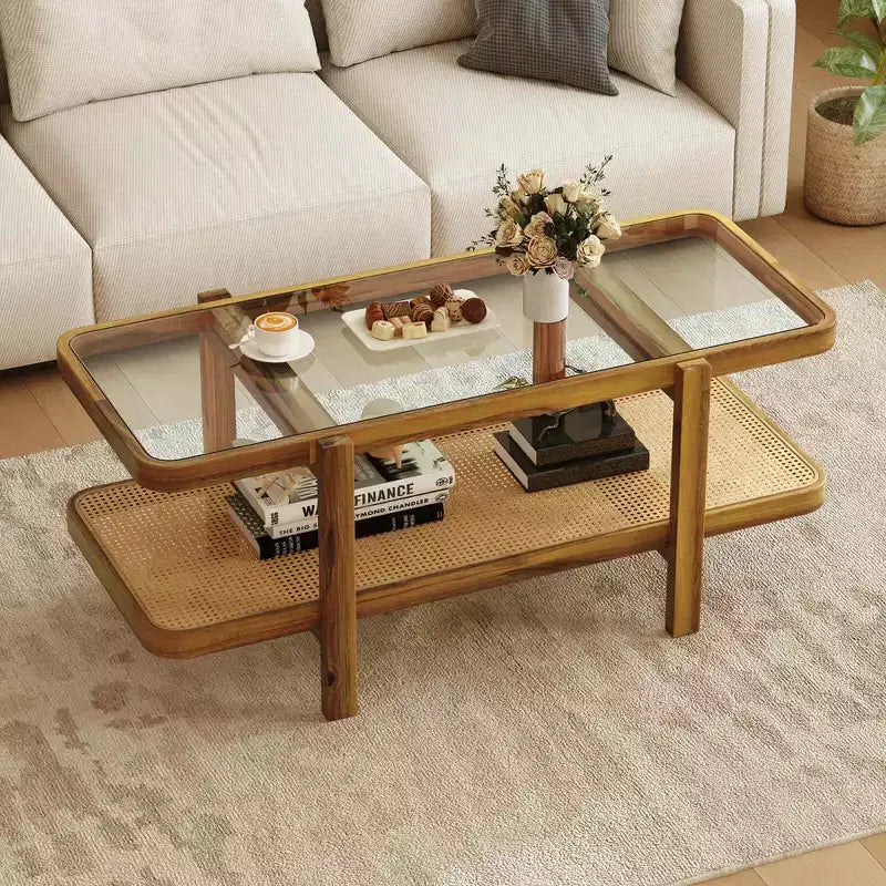 2-Tier Rustic Coffee Table with Storage Tempered Glass Tabletop PE Rattan Shelf Brown & Natural/Brown/Black