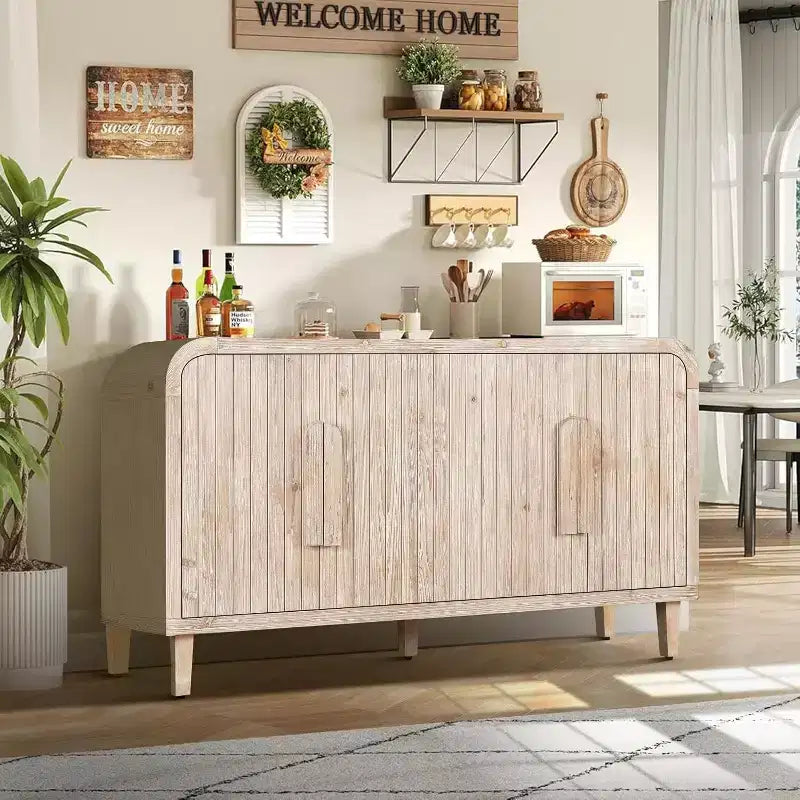 59-inch farmhouse-style storage sideboard with wooden handles, woodgrain carvings and adjustable shelves, suitable for kitchens, white