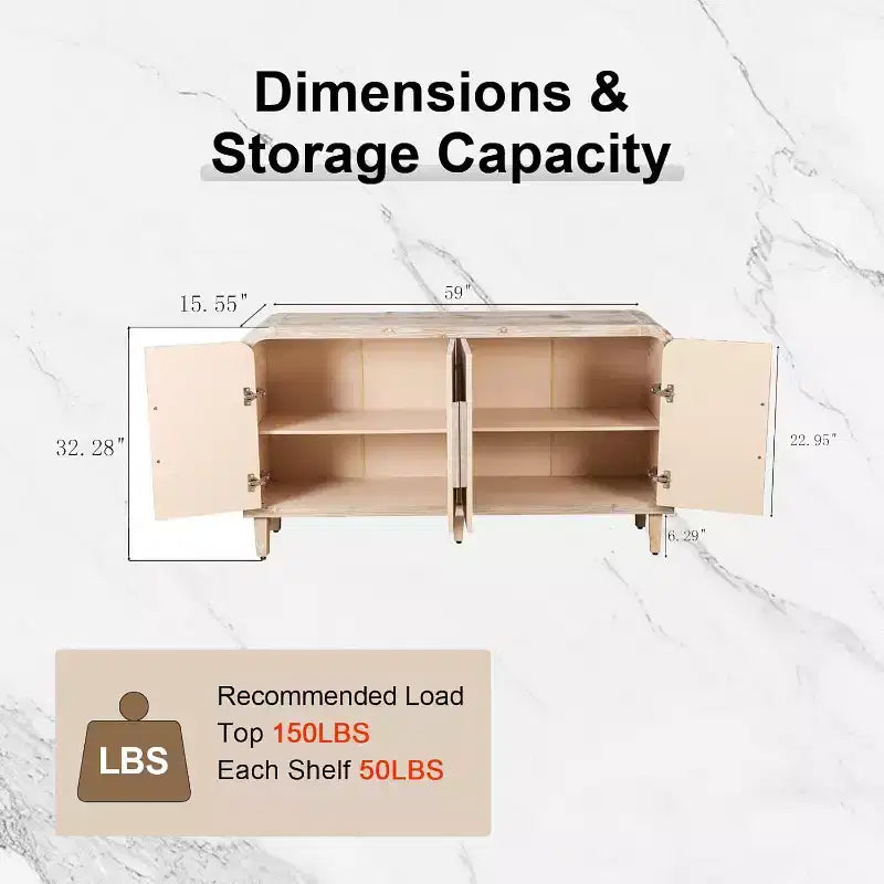 59-inch farmhouse-style storage sideboard with wooden handles, woodgrain carvings and adjustable shelves, suitable for kitchens, white