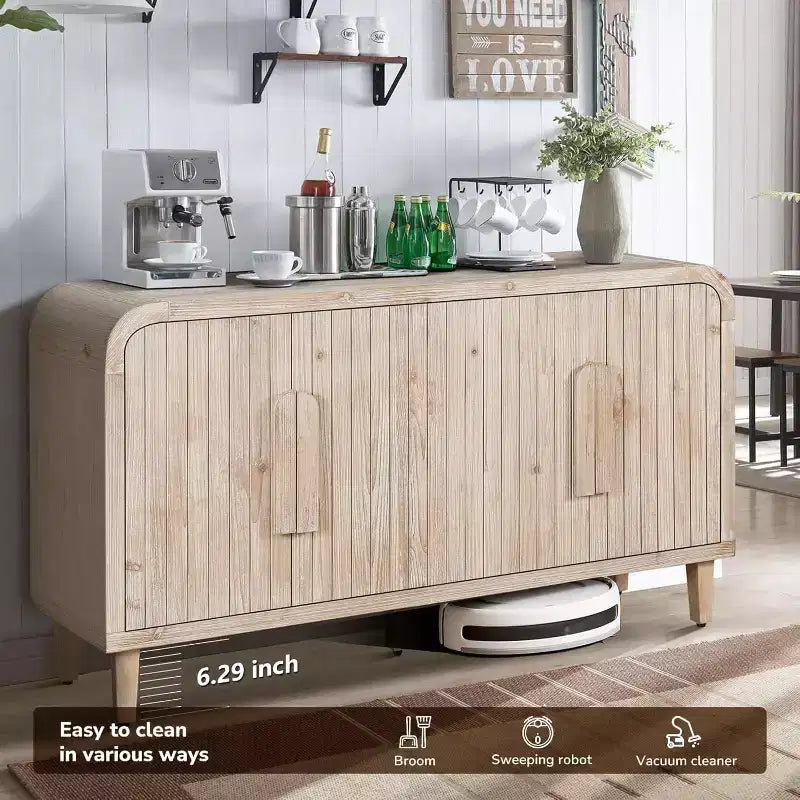59-inch farmhouse-style storage sideboard with wooden handles, woodgrain carvings and adjustable shelves, suitable for kitchens, white