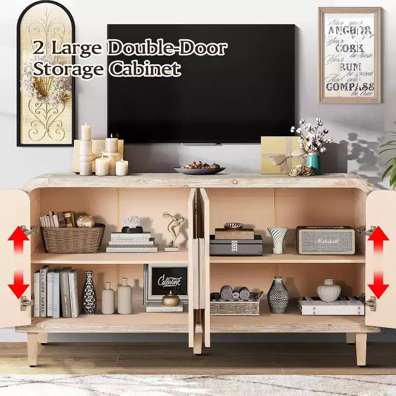 59-inch farmhouse-style storage sideboard with wooden handles, woodgrain carvings and adjustable shelves, suitable for kitchens, white
