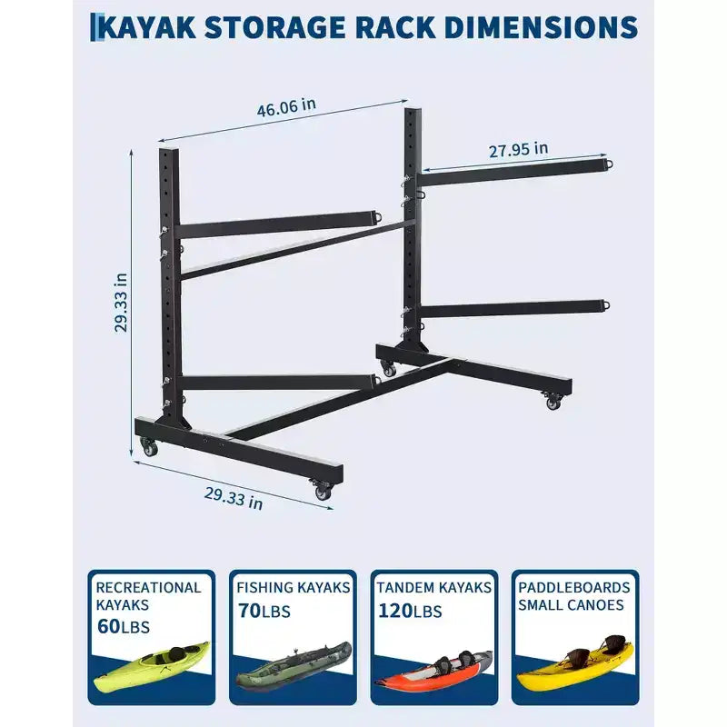 Heavy-Duty Kayak Storage Rack for 2 Kayaks, 2-Layer Freestanding Rack with Wheels & Hanging Straps