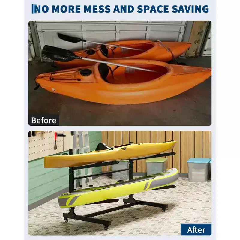 Heavy-Duty Kayak Storage Rack for 2 Kayaks, 2-Layer Freestanding Rack with Wheels & Hanging Straps