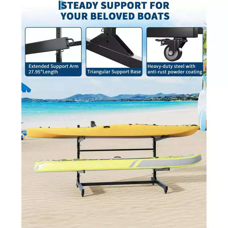 Heavy-Duty Kayak Storage Rack for 2 Kayaks, 2-Layer Freestanding Rack with Wheels & Hanging Straps