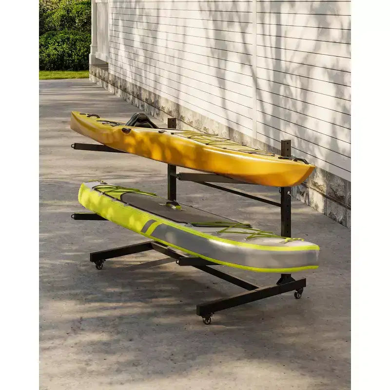 Estante de almacenamiento resistente para 2 kayaks, estante independiente de 2 capas con ruedas y correas para colgar