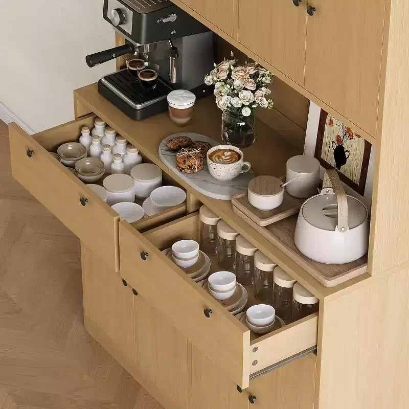 Armario de despensa de cocina alto de 71", aparador de cocina con soporte para microondas y encimera, armario de despensa grande con 2 cajones y 8 puertas