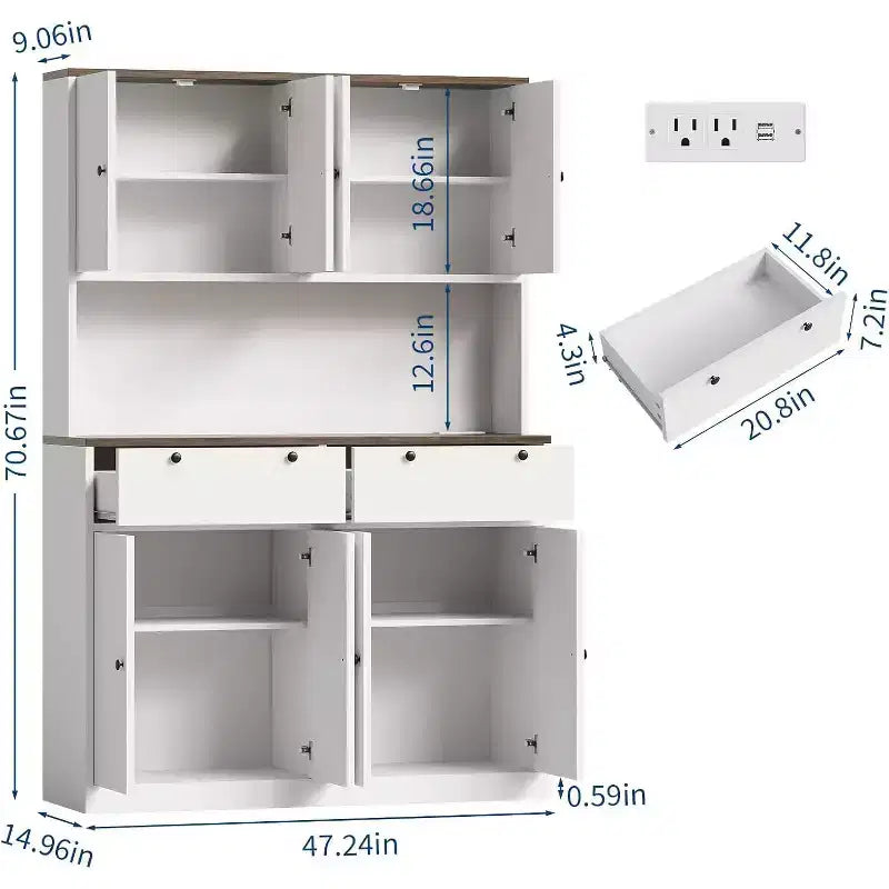 71 Tall Kitchen Pantry Storage Cabinet, Kitchen Hutch with Microwave Stand & Countertop, Large Food Pantry Cabinet with 2 Drawers and 8 Doors