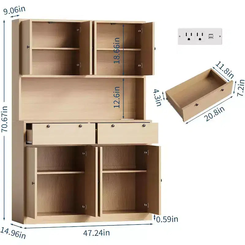 Armario de despensa de cocina alto de 71", aparador de cocina con soporte para microondas y encimera, armario de despensa grande con 2 cajones y 8 puertas