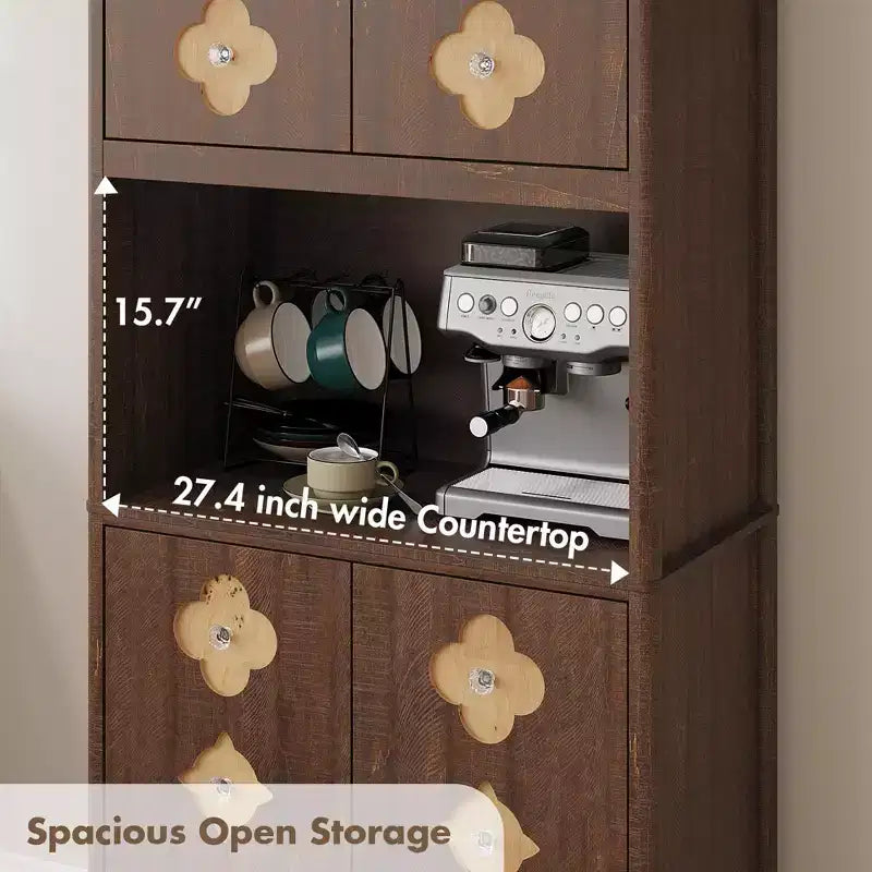 Alacena alta de 72 pulgadas, Mueble de despensa para cocina con encimera para microondas, Armario de madera independiente con puerta tallada con motivos florales