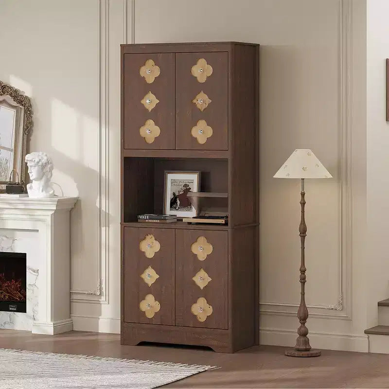 Alacena alta de 72 pulgadas, Mueble de despensa para cocina con encimera para microondas, Armario de madera independiente con puerta tallada con motivos florales