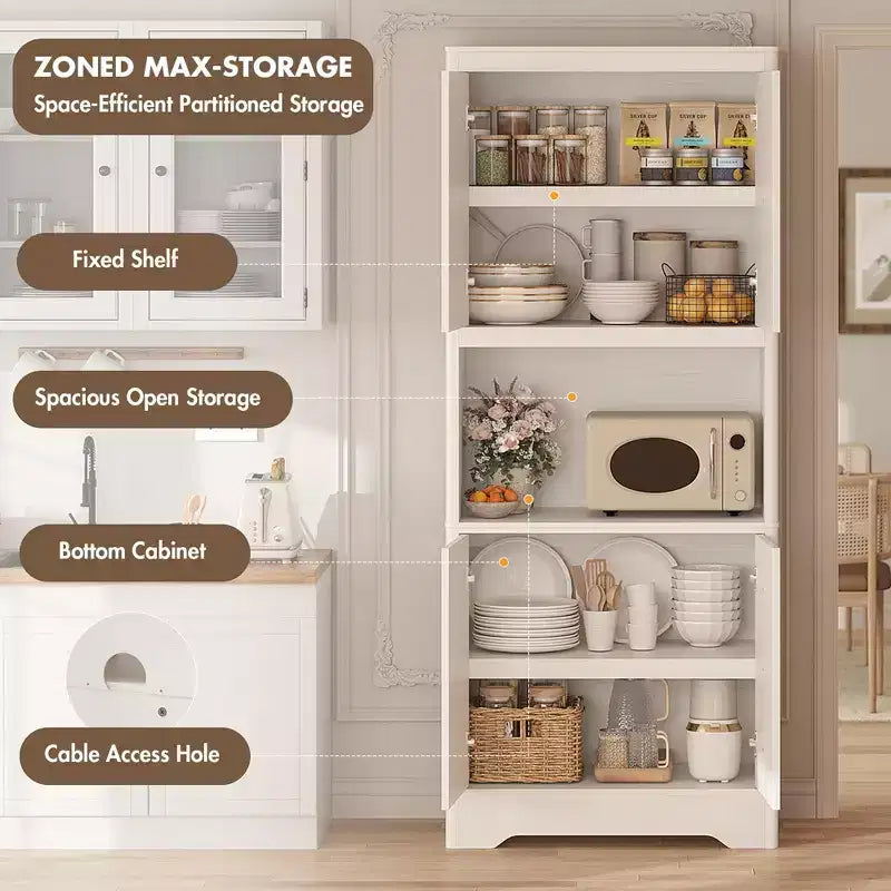 72 Tall Pantry Cabinet, Kitchen Hutch Storage Cabinet with Countertop for Microwave, Freestanding Wooden Cupboard with Floral-Carved Door