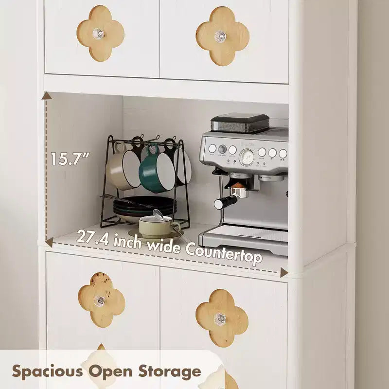 72 Tall Pantry Cabinet, Kitchen Hutch Storage Cabinet with Countertop for Microwave, Freestanding Wooden Cupboard with Floral-Carved Door