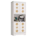 72 Tall Pantry Cabinet, Kitchen Hutch Storage Cabinet with Countertop for Microwave, Freestanding Wooden Cupboard with Floral-Carved Door