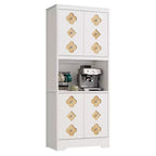 72 Tall Pantry Cabinet, Kitchen Hutch Storage Cabinet with Countertop for Microwave, Freestanding Wooden Cupboard with Floral-Carved Door
