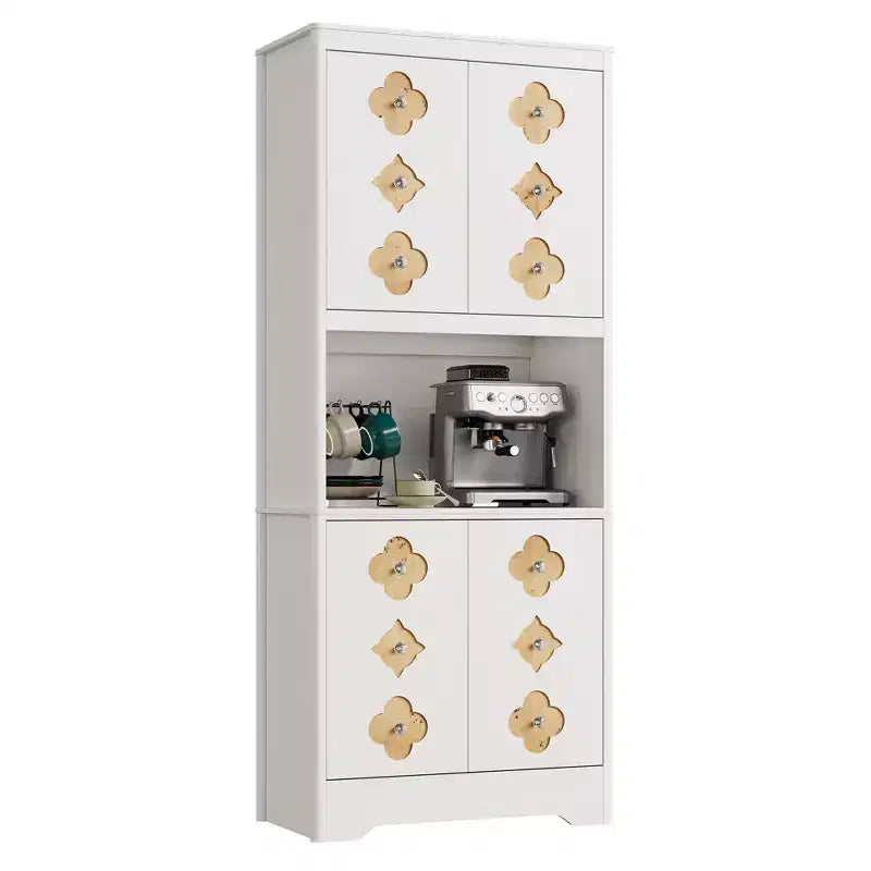 72 Tall Pantry Cabinet, Kitchen Hutch Storage Cabinet with Countertop for Microwave, Freestanding Wooden Cupboard with Floral-Carved Door