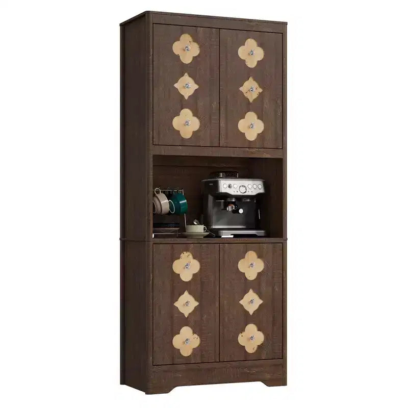 72 Tall Pantry Cabinet, Kitchen Hutch Storage Cabinet with Countertop for Microwave, Freestanding Wooden Cupboard with Floral-Carved Door