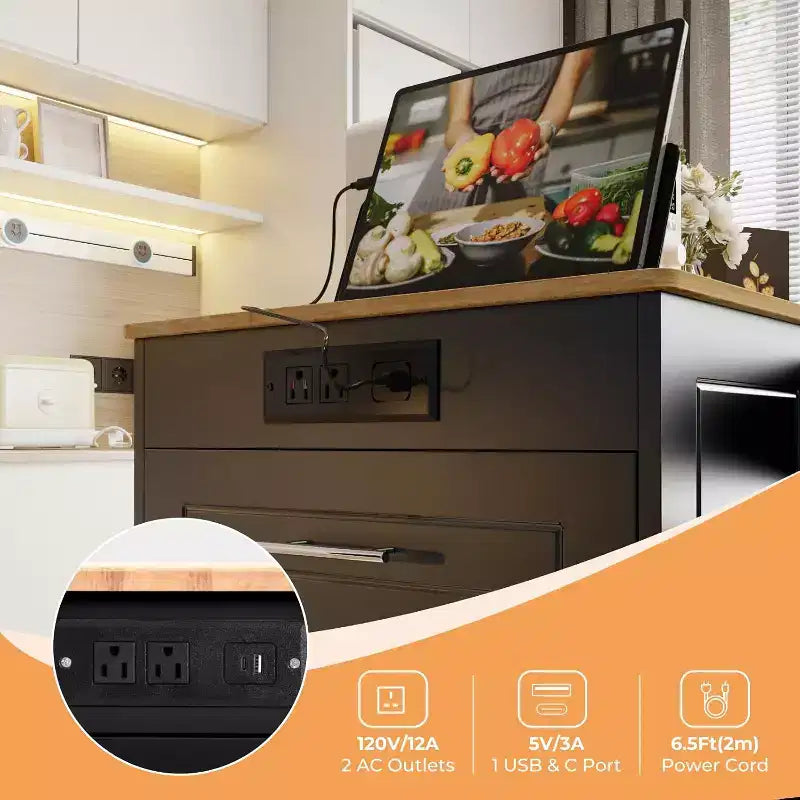 Rolling Kichen Island on Wheels with Power Outlet, Portable Kitchen Island Cart with Trash Can Storage for 10 Gallon Black