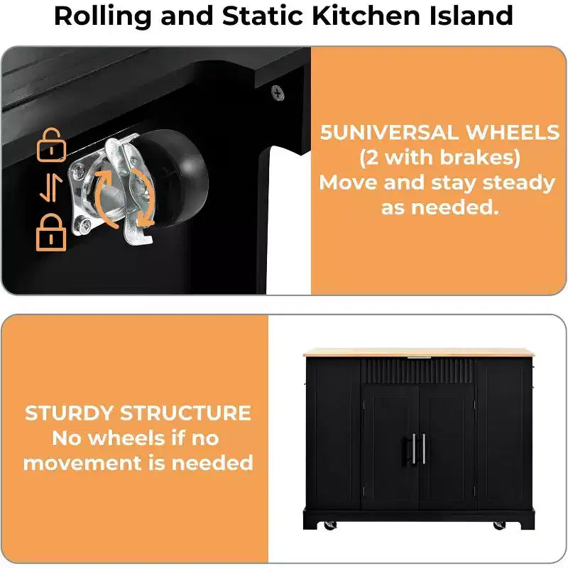 Rolling Kichen Island on Wheels with Power Outlet, Portable Kitchen Island Cart with Trash Can Storage for 10 Gallon Black