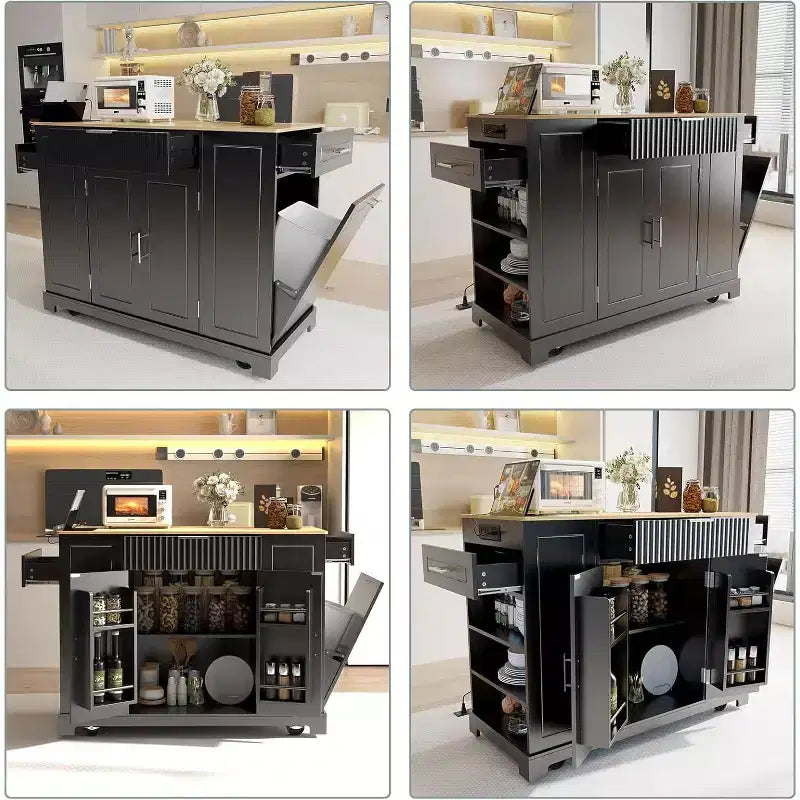 Isla de cocina con ruedas y toma de corriente, carrito de isla de cocina portátil con almacenamiento para cubo de basura de 10 galones, negro
