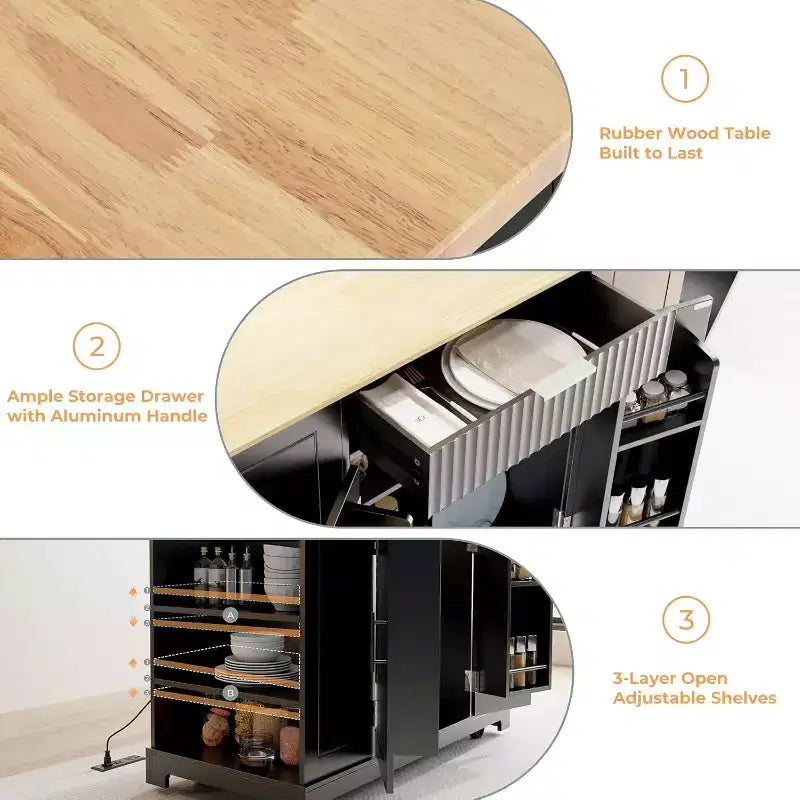 Isla de cocina con ruedas y toma de corriente, carrito de isla de cocina portátil con almacenamiento para cubo de basura de 10 galones, negro