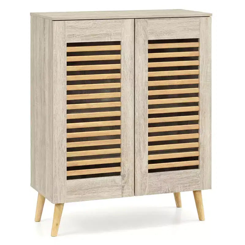 Zapatero con 2 puertas con persiana y 3 estantes extraíbles, gabinete estrecho de 5 niveles natural/nogal