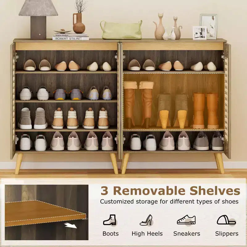 Zapatero con 2 puertas con persiana y 3 estantes extraíbles, gabinete estrecho de 5 niveles natural/nogal