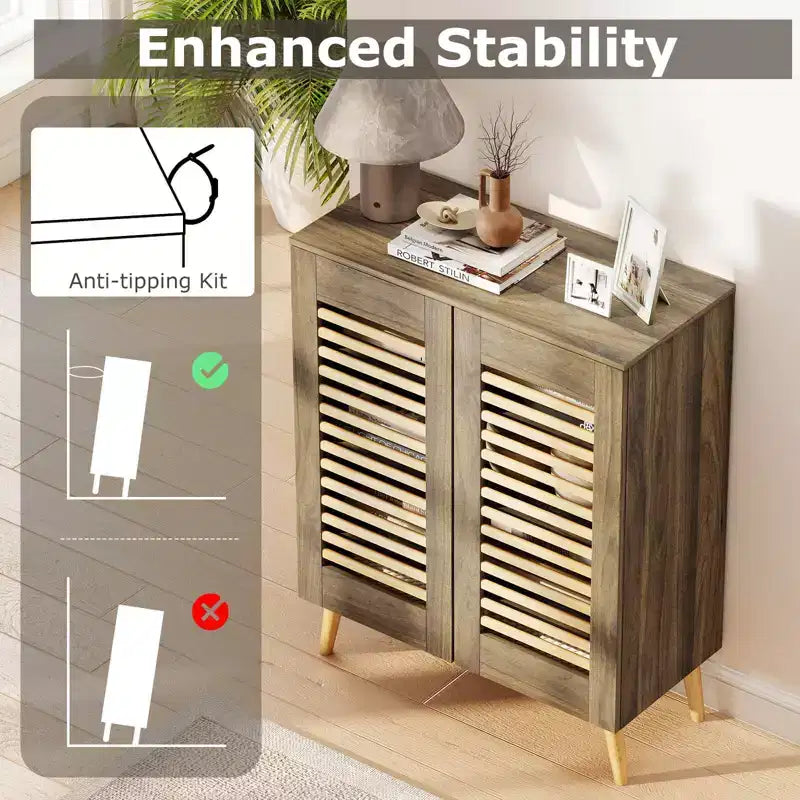 Zapatero con 2 puertas con persiana y 3 estantes extraíbles, gabinete estrecho de 5 niveles natural/nogal