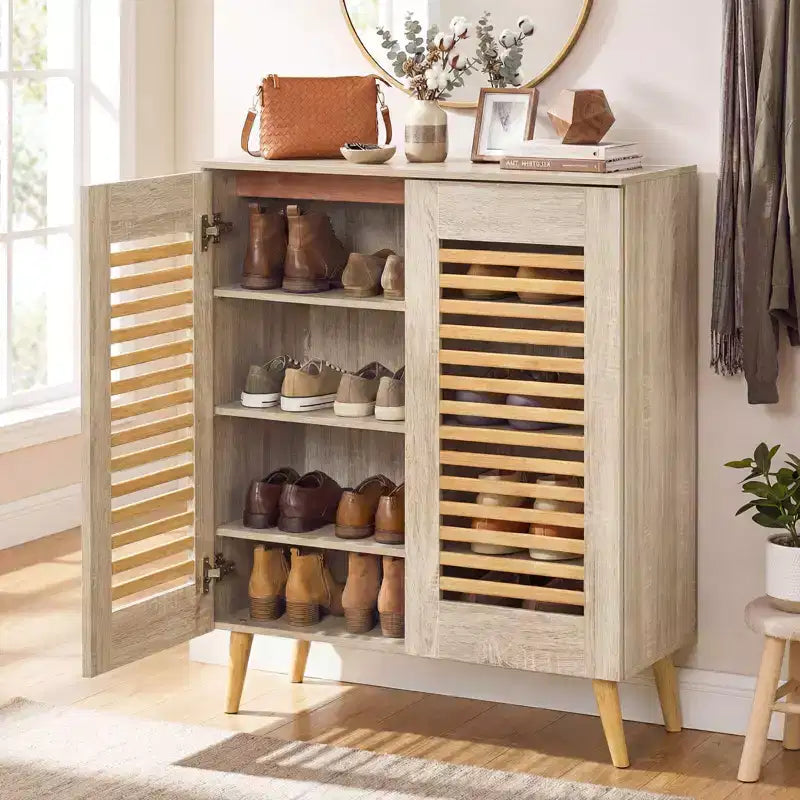 Shoe Cabinet with 2 Louvered Doors&3 Removable Shelves,5-Tier NarrowCabinet Natural/Walnut