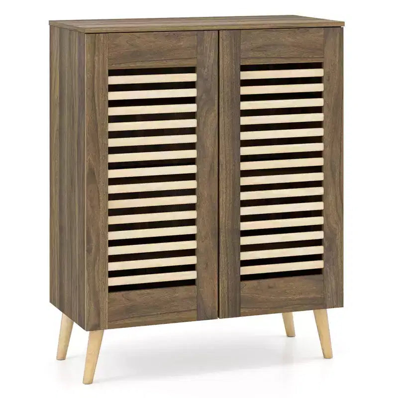 Zapatero con 2 puertas con persiana y 3 estantes extraíbles, gabinete estrecho de 5 niveles natural/nogal