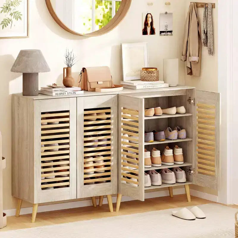Shoe Cabinet with 2 Louvered Doors&3 Removable Shelves,5-Tier NarrowCabinet Natural/Walnut