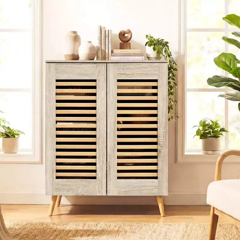 Shoe Cabinet with 2 Louvered Doors&3 Removable Shelves,5-Tier NarrowCabinet Natural/Walnut