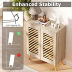 Zapatero con 2 puertas con persiana y 3 estantes extraíbles, gabinete estrecho de 5 niveles natural/nogal