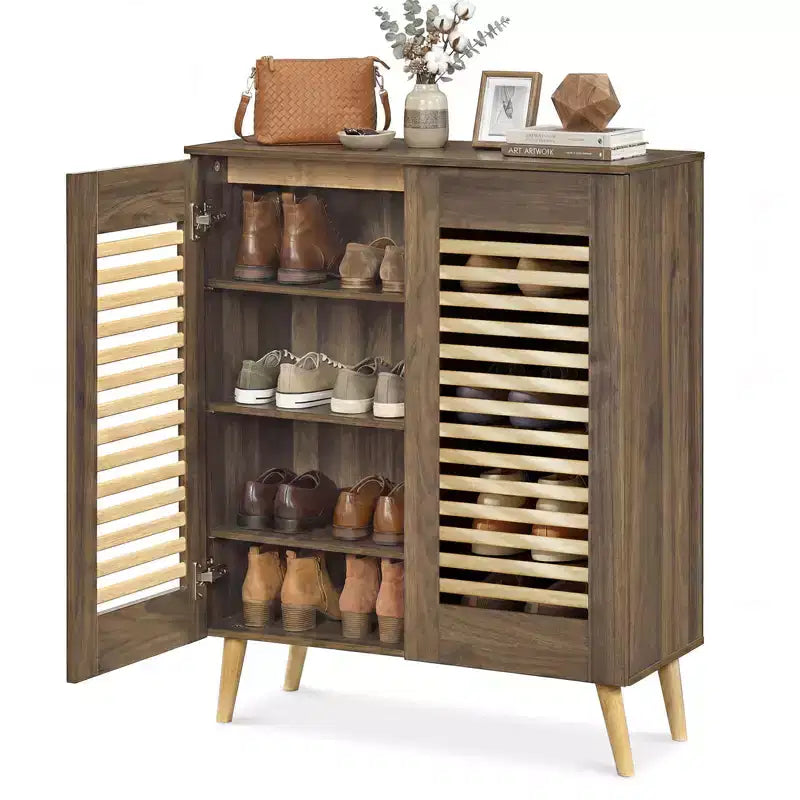 Shoe Cabinet with 2 Louvered Doors&3 Removable Shelves,5-Tier NarrowCabinet Natural/Walnut