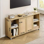 Mueble de TV Bohemio de 70" para Sala de Estar - Centro de Entretenimiento con 2 Puertas de Ratán y 4 Estantes Abiertos, Consola Multimedia con Almacenamiento para Dormitorio