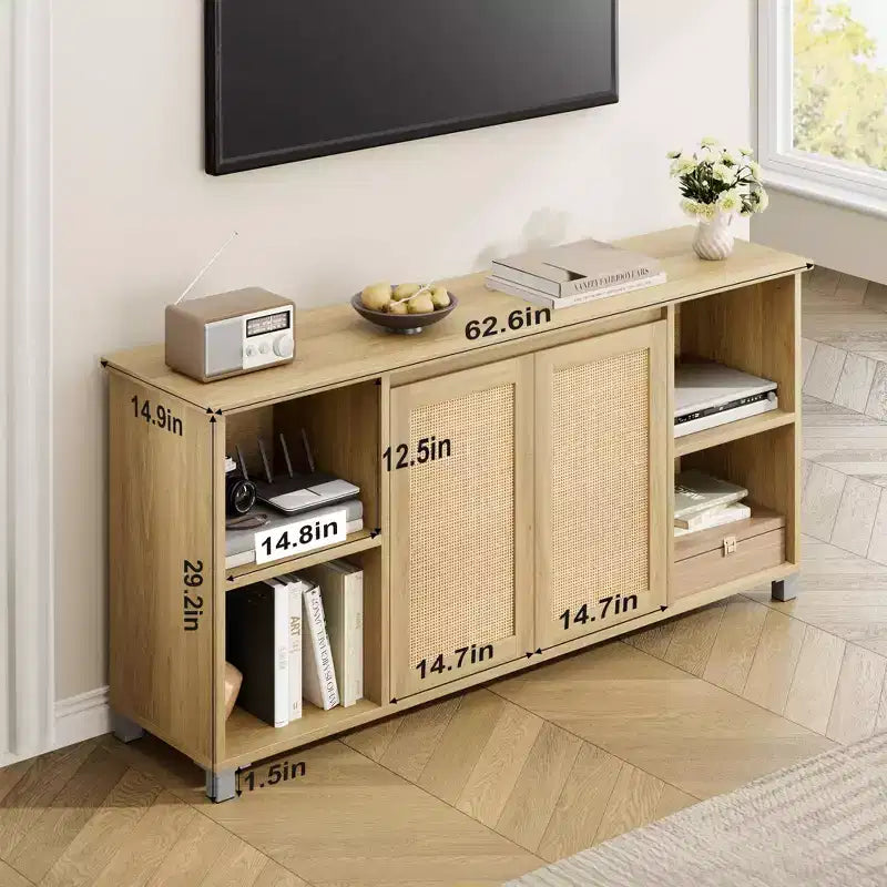 70 Boho TV Stand for Living Room - Entertainment Center with 2 Rattan Doors & 4 Open Shelves, Media Console with Storage for Bedroom